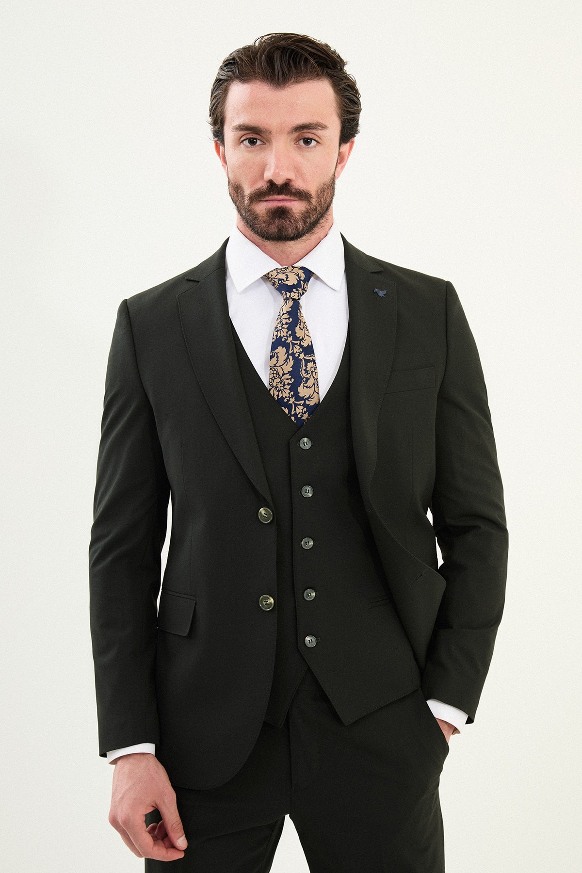 Düz Slim Fit Mono Yaka Klasik Erkek Takım Elbise - Haki