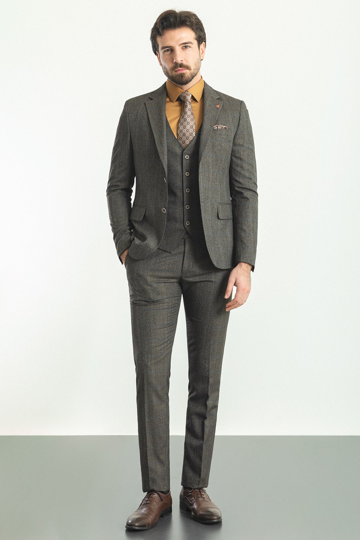 Ekoseli Slim Fit Mono Yaka Yün Erkek Takım Elbise