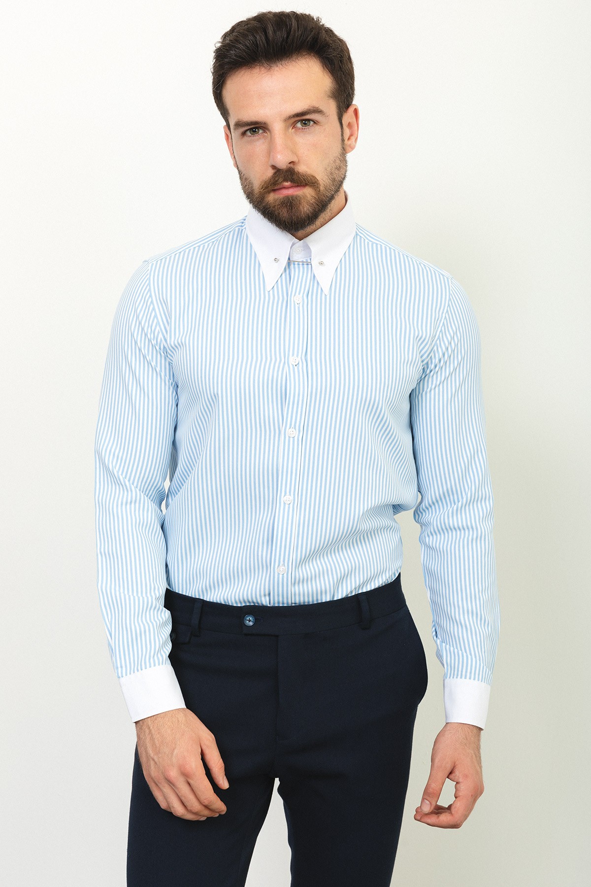 Çizgili Slim Fit Sivri Yaka Klasik Erkek Gömlek