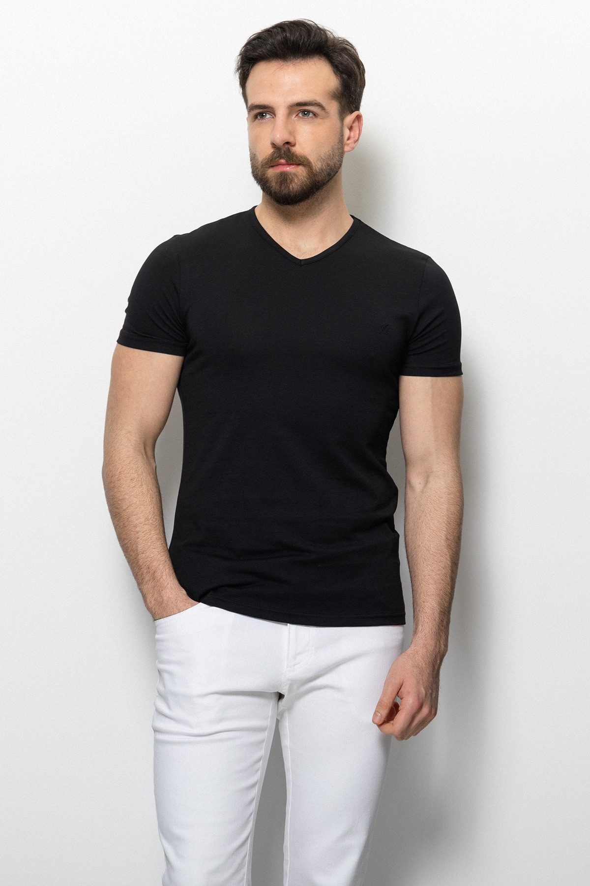 Düz Super Slim Fit V Yaka Basic Erkek T-Shirt