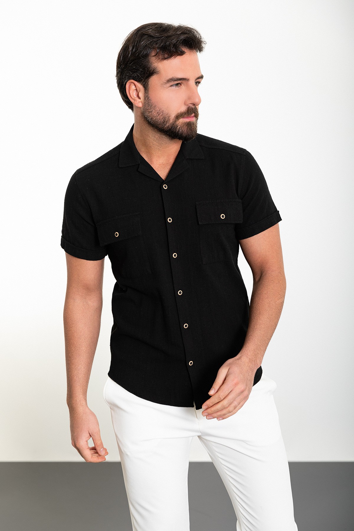 Düz Slim Fit Apaç Yaka Kısa Kollu Keten Erkek Gömlek