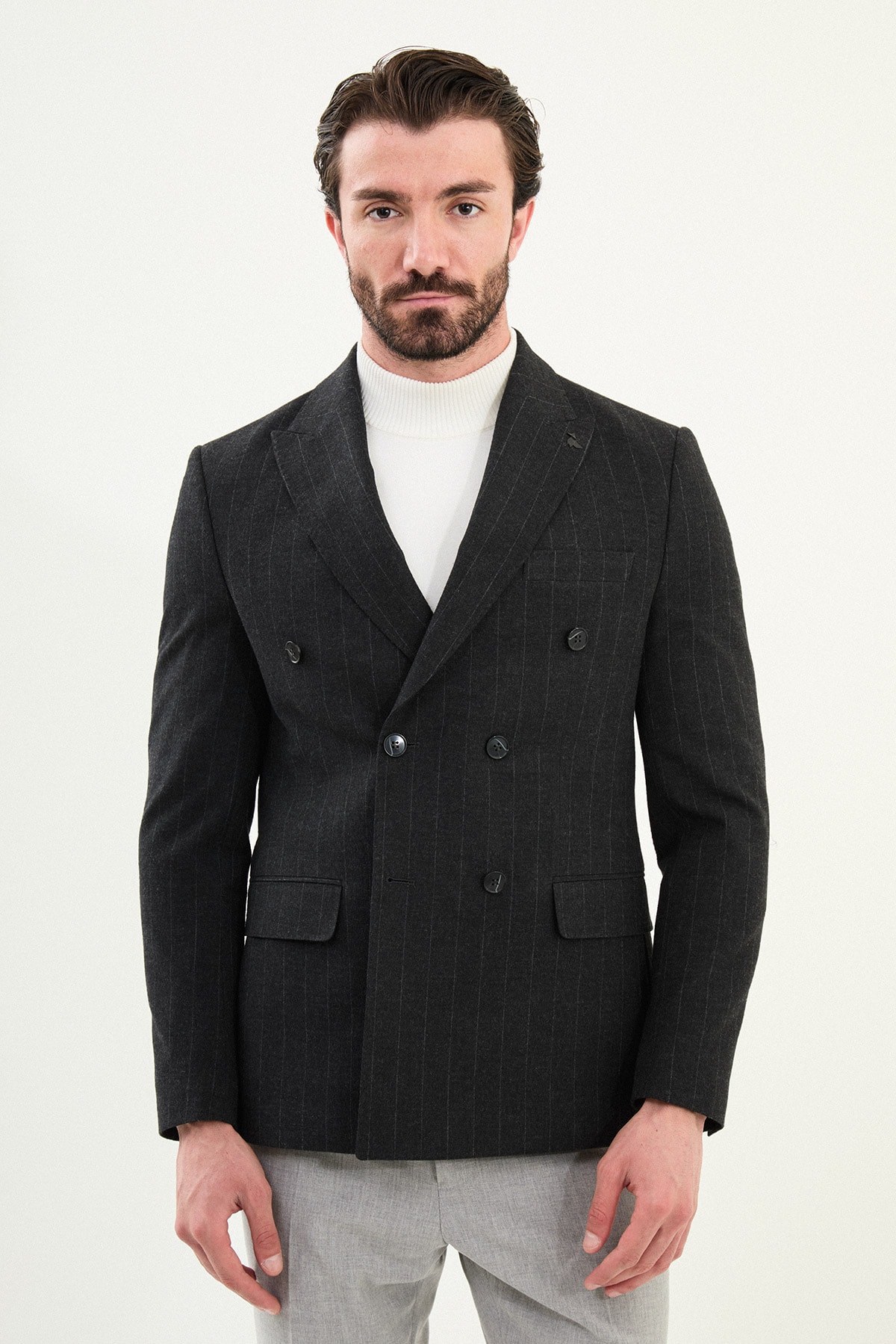 Çizgili Slim Fit Geniş Yaka Kruvaze Yün Erkek Ceket - Siyah