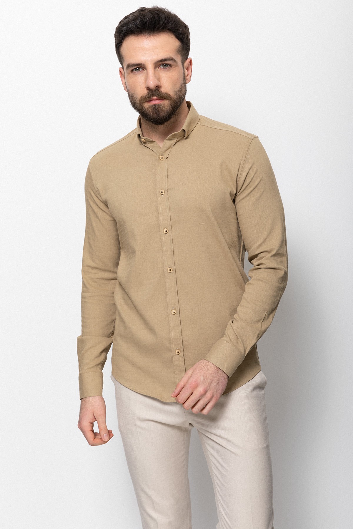 Desenli Slim Fit Erkek Gömlek - Bej