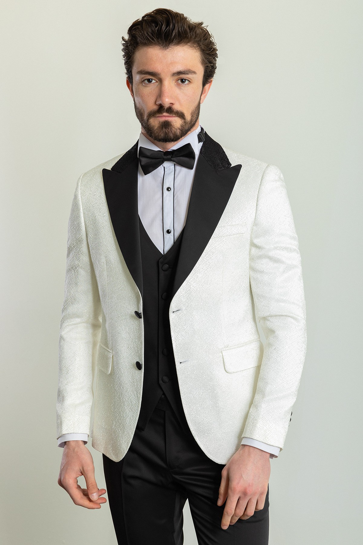 Desenli Slim Fit Geniş Yaka Saten Erkek Damatlık