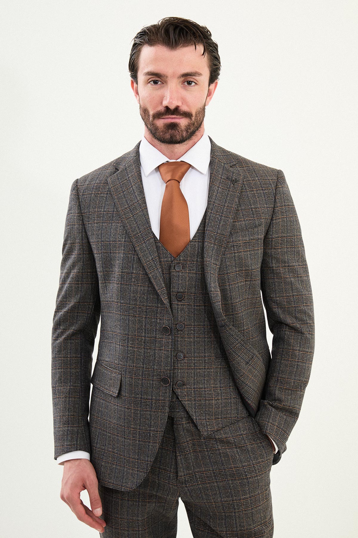 Ekoseli Slim Fit Mono Yaka Erkek Takım Elbise - Siyah