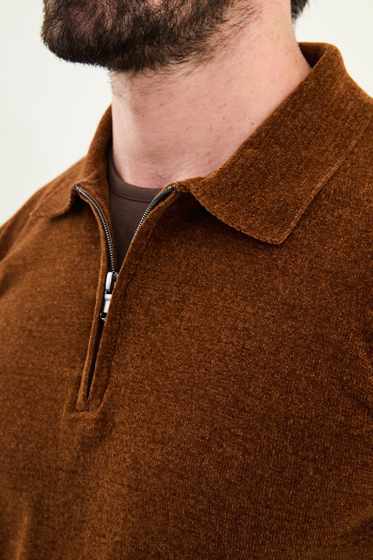 Düz Slim Fit Fermuarlı Polo Yaka Şönil Kumaş Erkek Triko