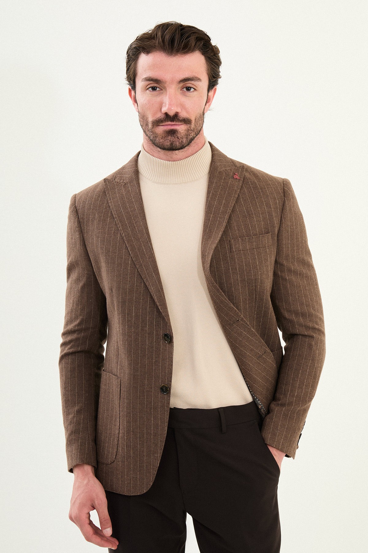 Çizgili Slim Fit Torba Cep Geniş Yaka Yün Erkek Ceket - Kahverengi