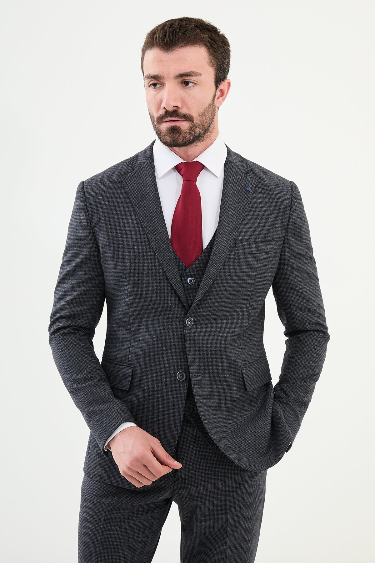 Kareli Slim Fit Mono Yaka Erkek Takım Elbise - Lacivert