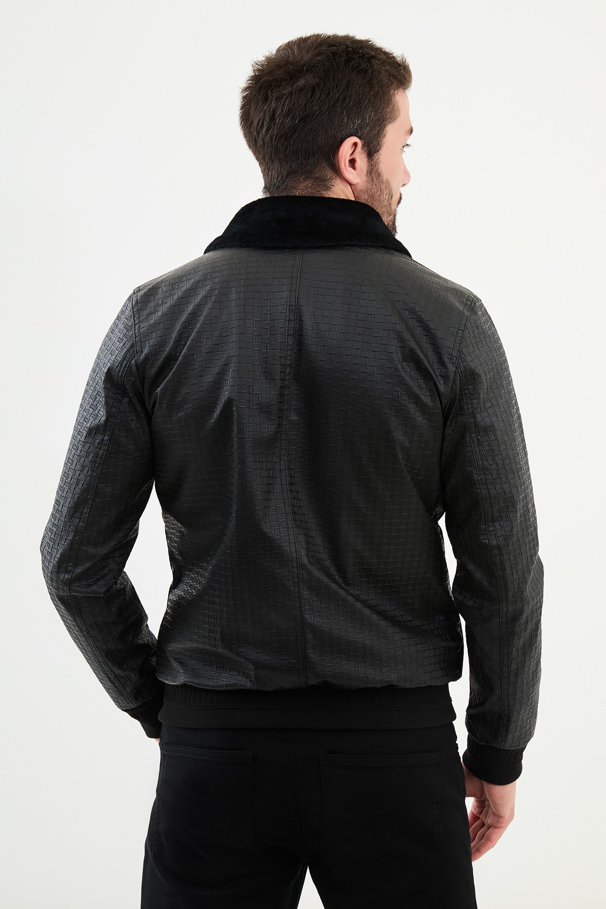 Desenli Slim Fit Kürklü Yaka Suni Deri Erkek Mont
