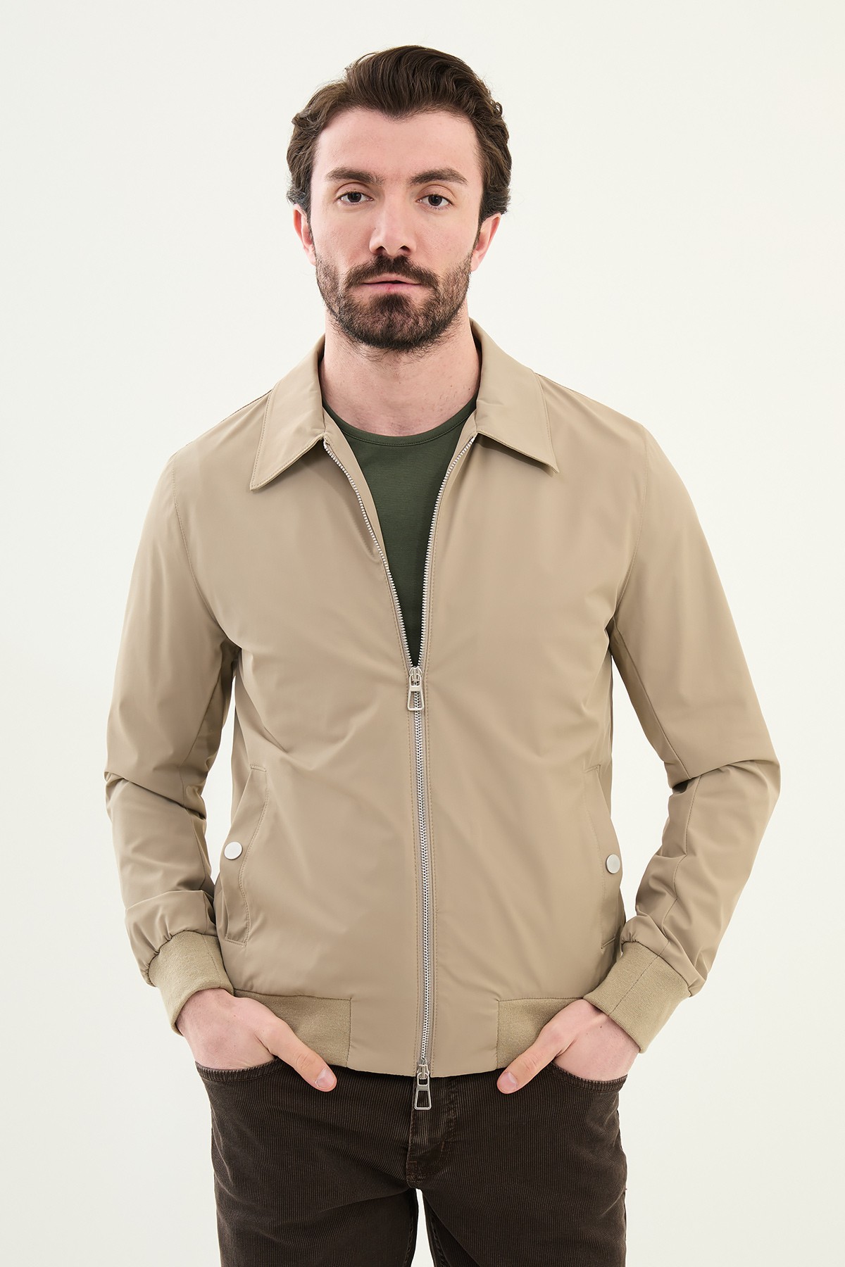 Düz Slim Fit Gömlek Yaka Çift Fermuar Erkek Mont - Bej