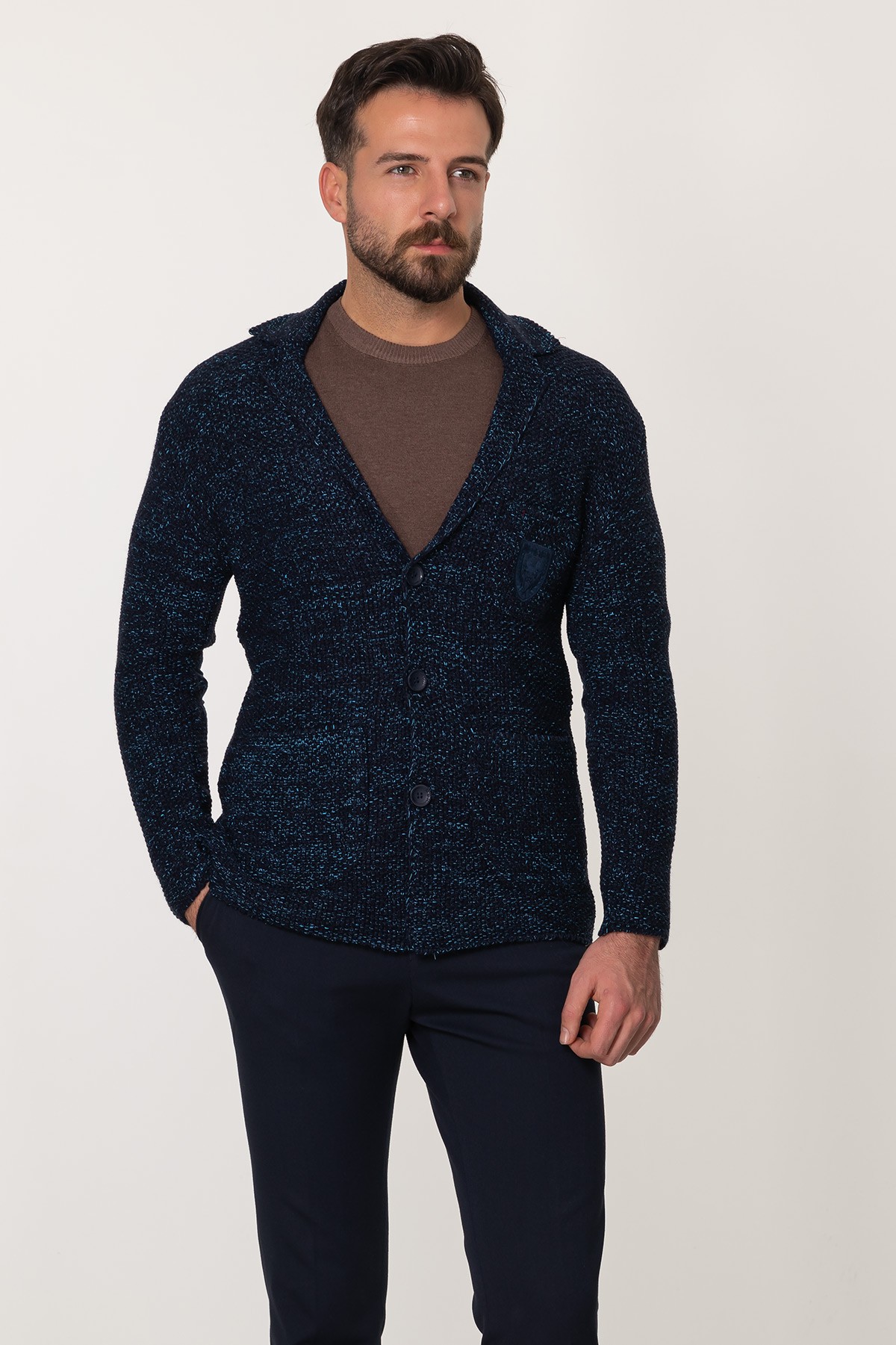 Kırçıllı Slim Fit Yün Erkek Triko Ceket - Lacivert-Turkuaz