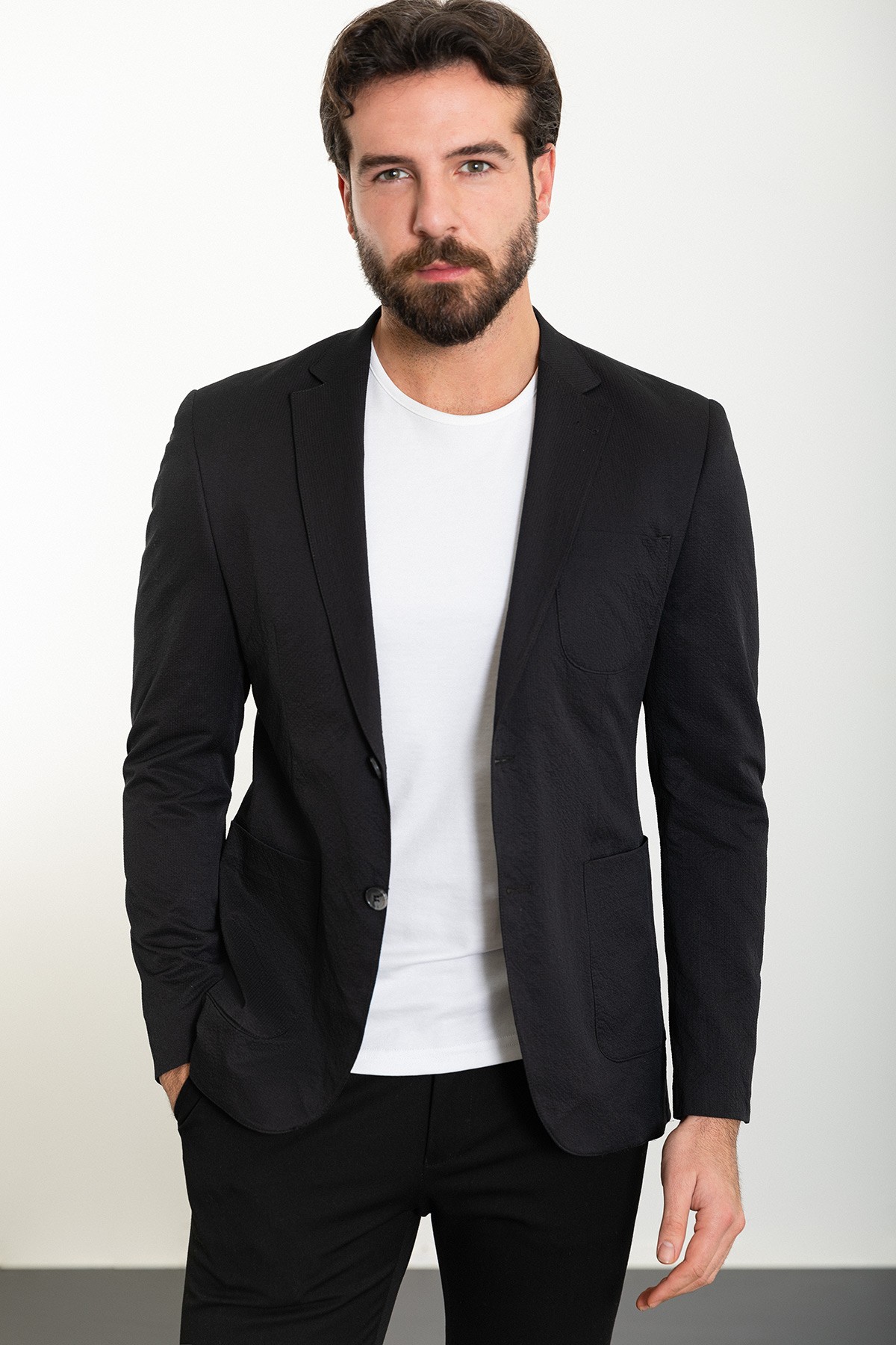Çizgili Slim Fit Torba Cep Mono Yaka Gofre Erkek Ceket