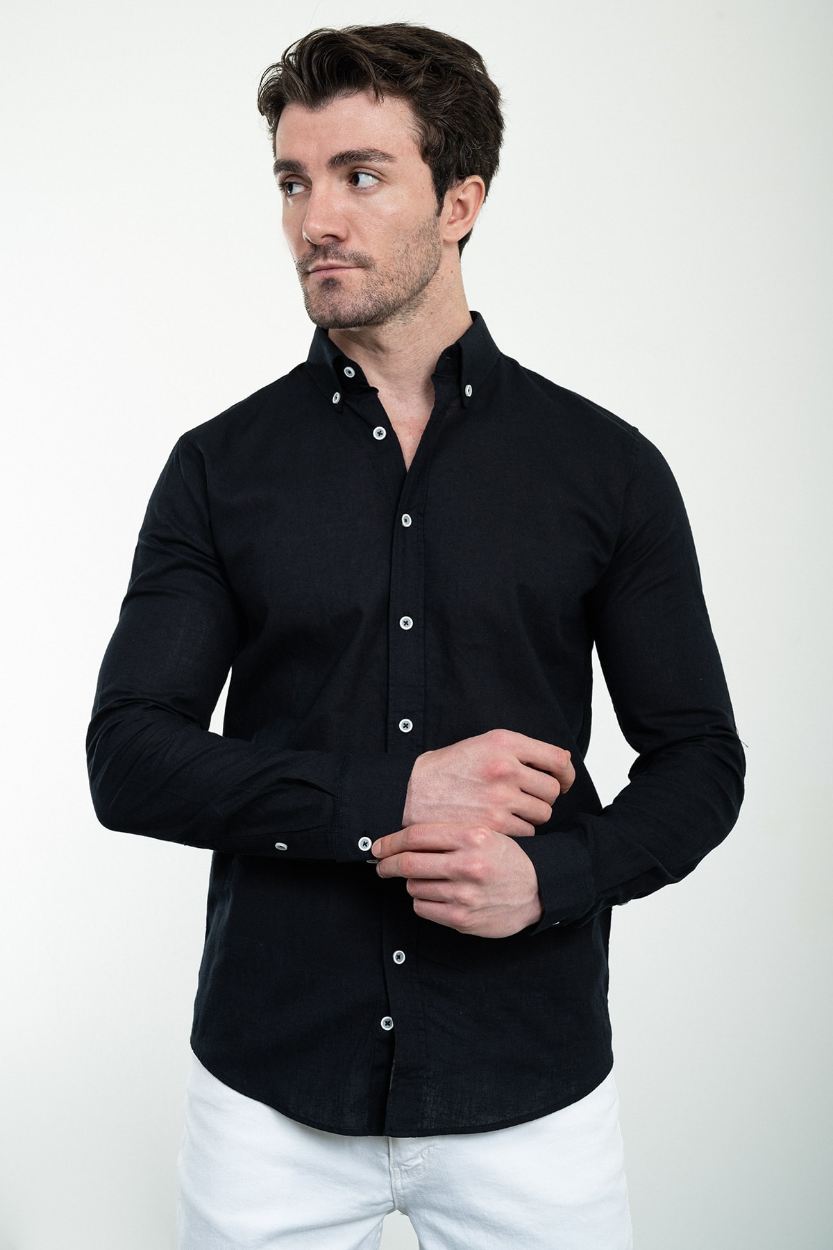 Düz Slim Fit Uzun Kollu Keten Erkek Gömlek