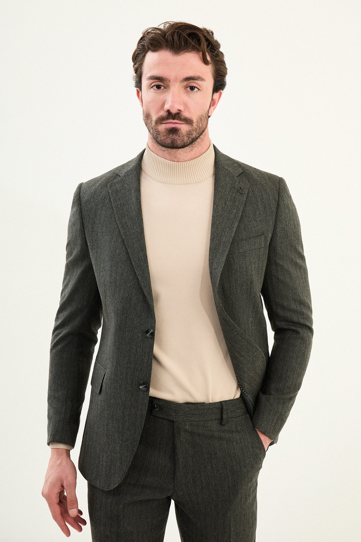 Desenli Slim Fit Mono Yaka Yün Erkek Takım Elbise - Haki