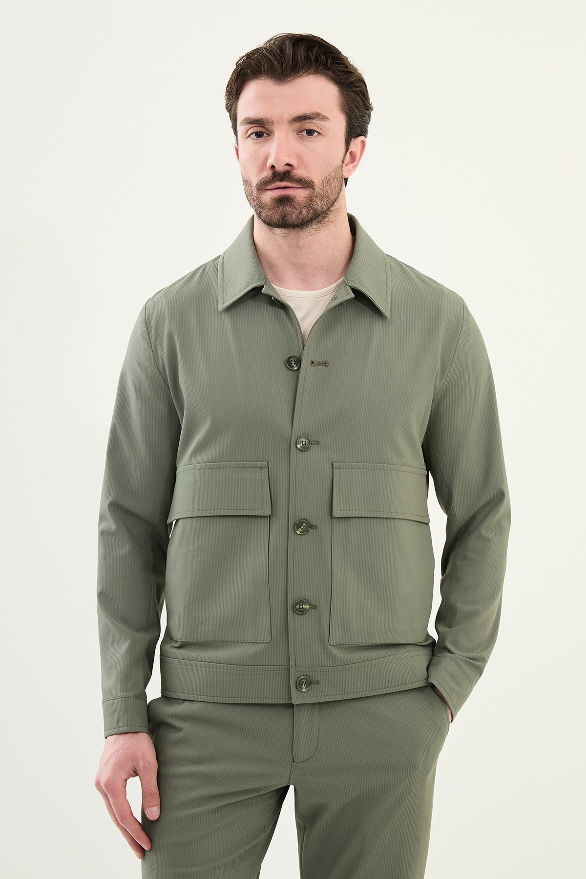 Çizgili Slim Fit Erkek Mont Pantolon Takım - Haki