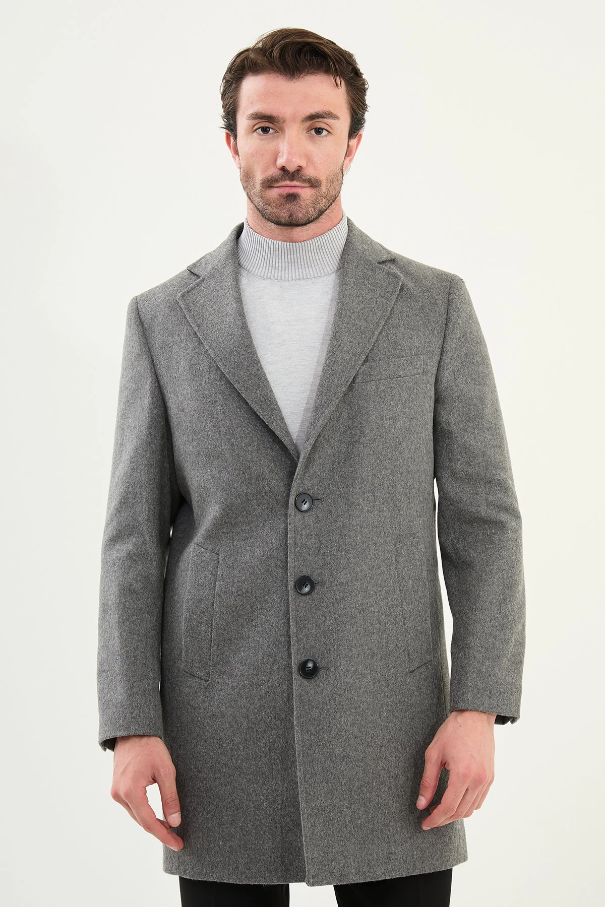 Düz Slim Fit Mono Yaka Klasik Yün Erkek Kaban