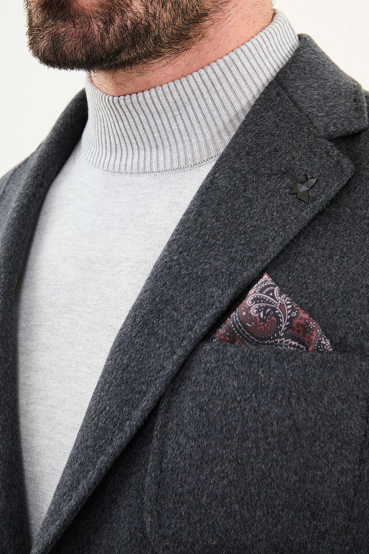 Düz Slim Fit Torba Cepli Mendil Detaylı Yün Erkek Ceket