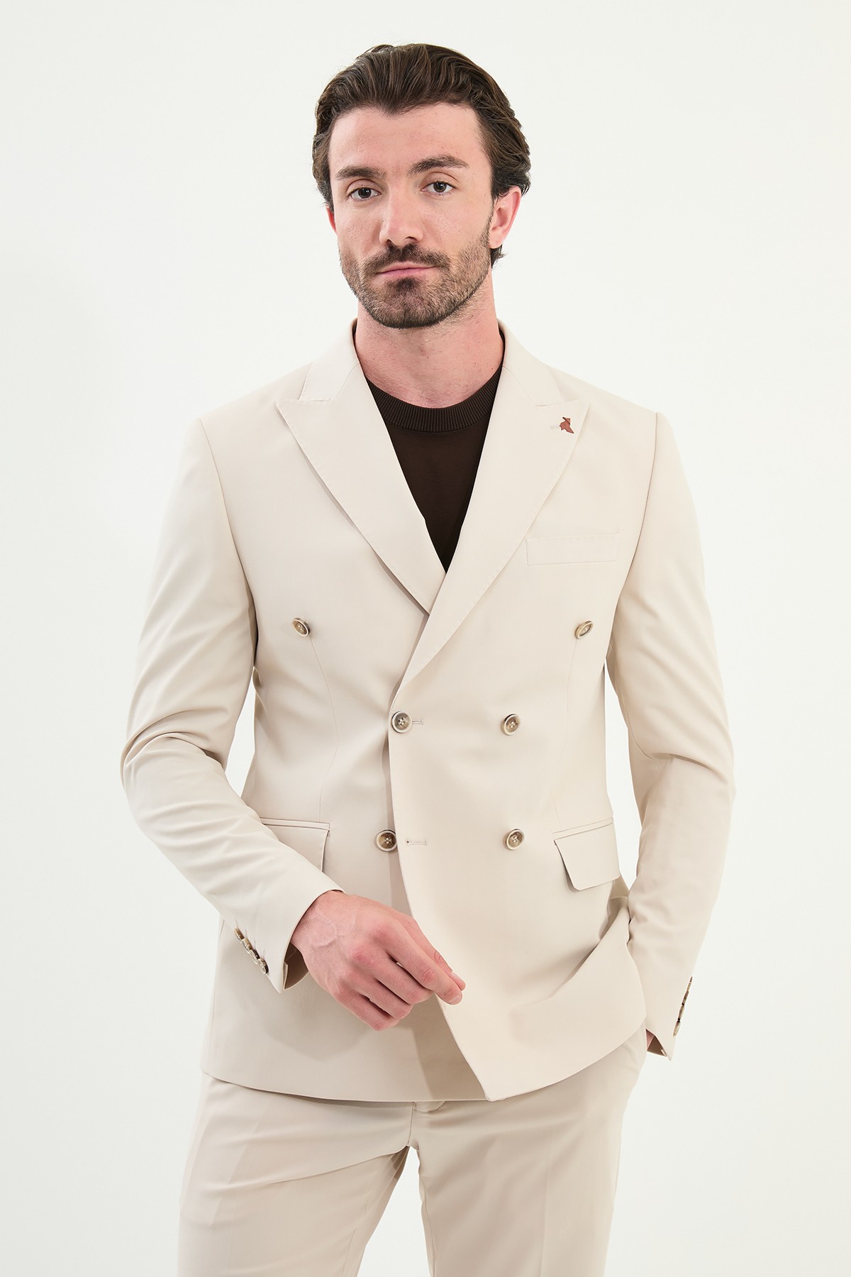 Düz Slim Fit Geniş Yaka Kruvaze Erkek Takım Elbise - Bej