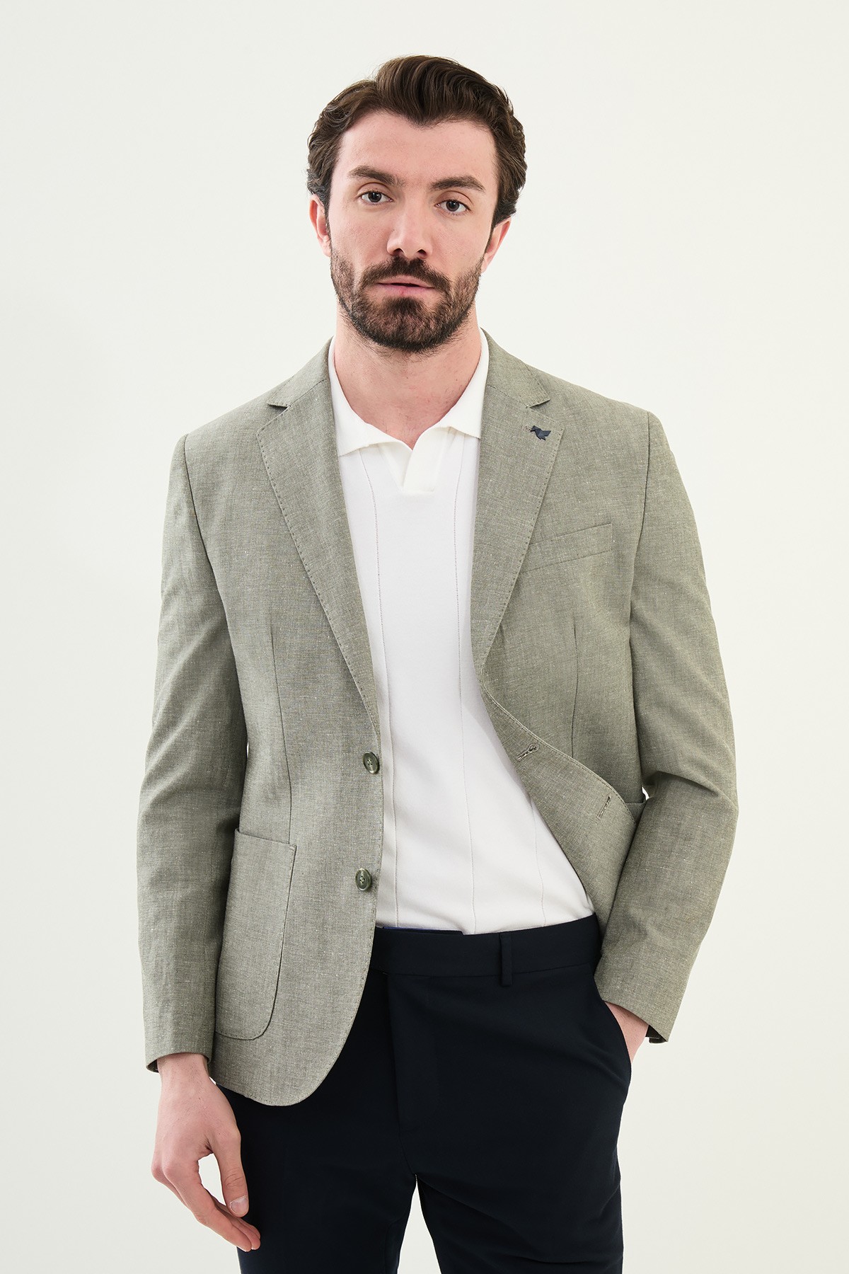 Kırçıllı Slim Fit Torba Cep Mono Yaka Keten Erkek Ceket - Haki