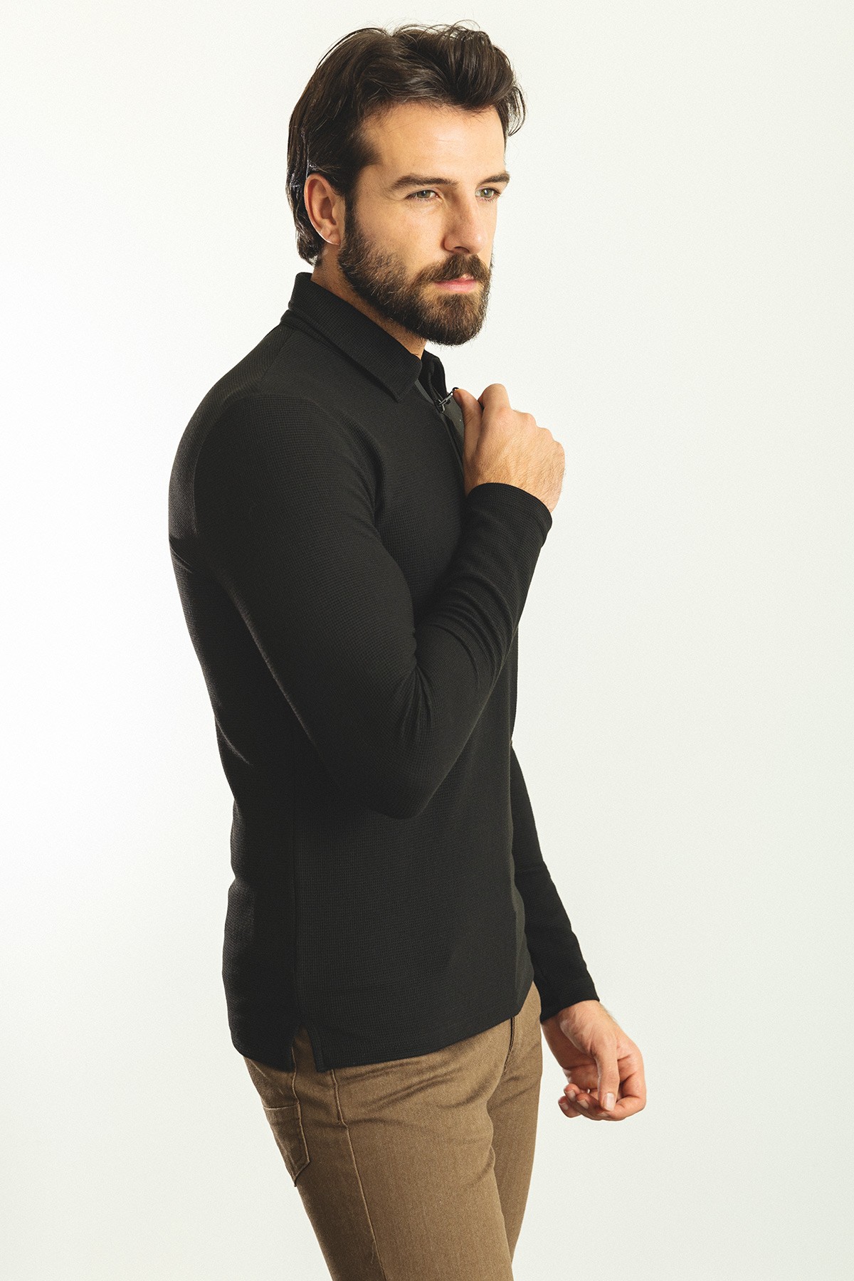 Slim Fit Fermuarlı Polo Yaka Uzun Kollu Erkek T-Shirt