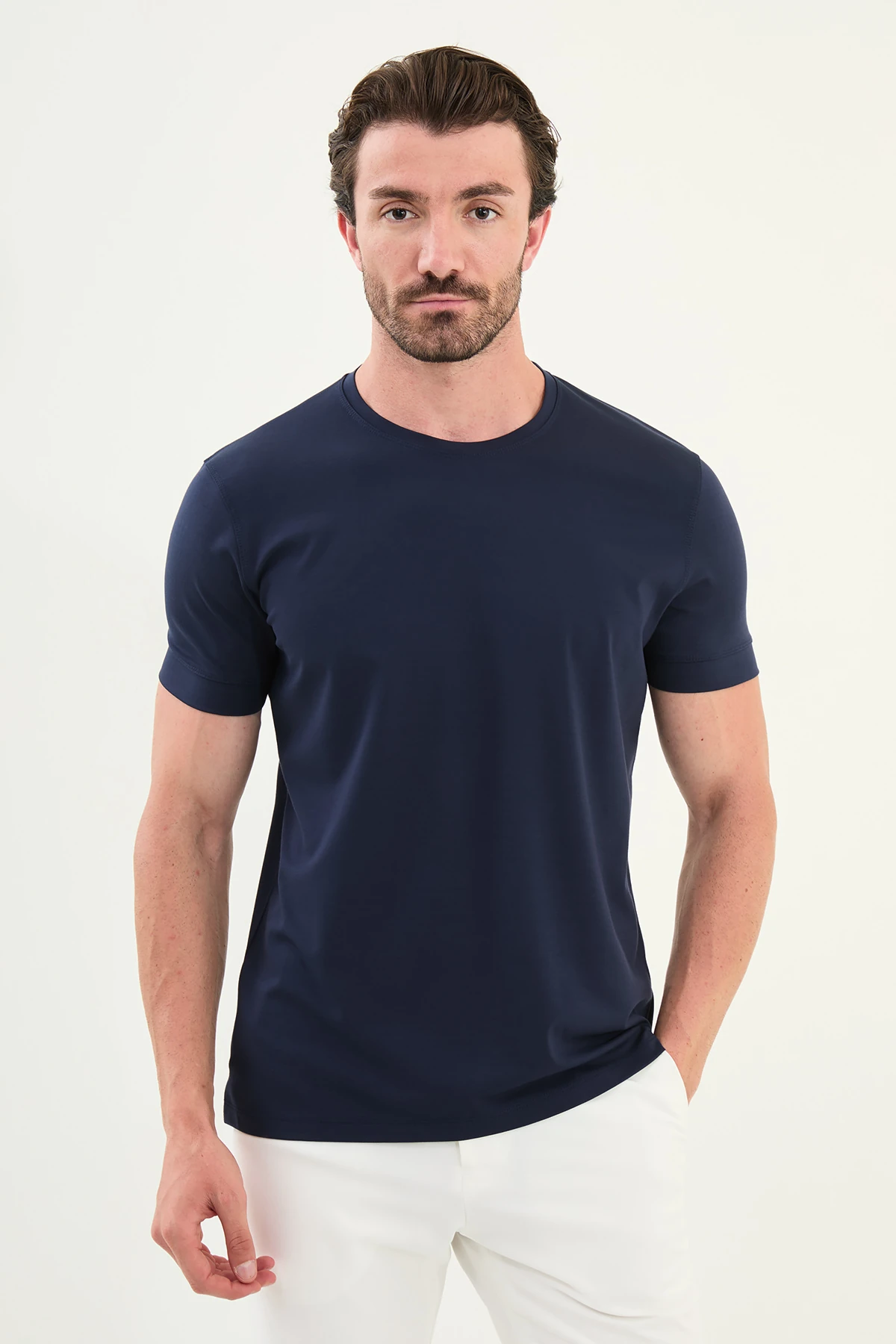 Düz Slim Fit Bisiklet Yaka Basic Erkek T-Shirt - Lacivert