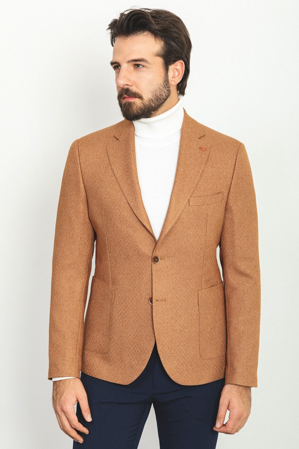 Desenli Torba Cep Slim Fit Yün Erkek Ceket - Kamel