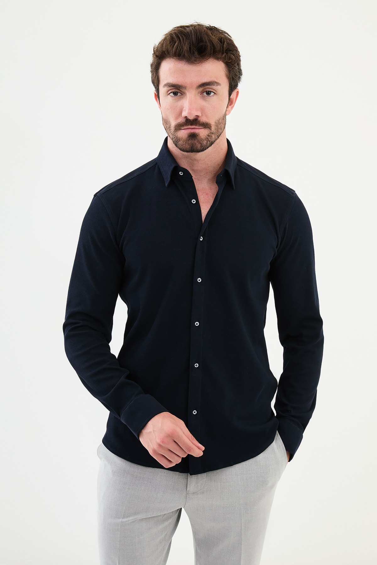Düz Slim Fit Erkek Gömlek - Lacivert