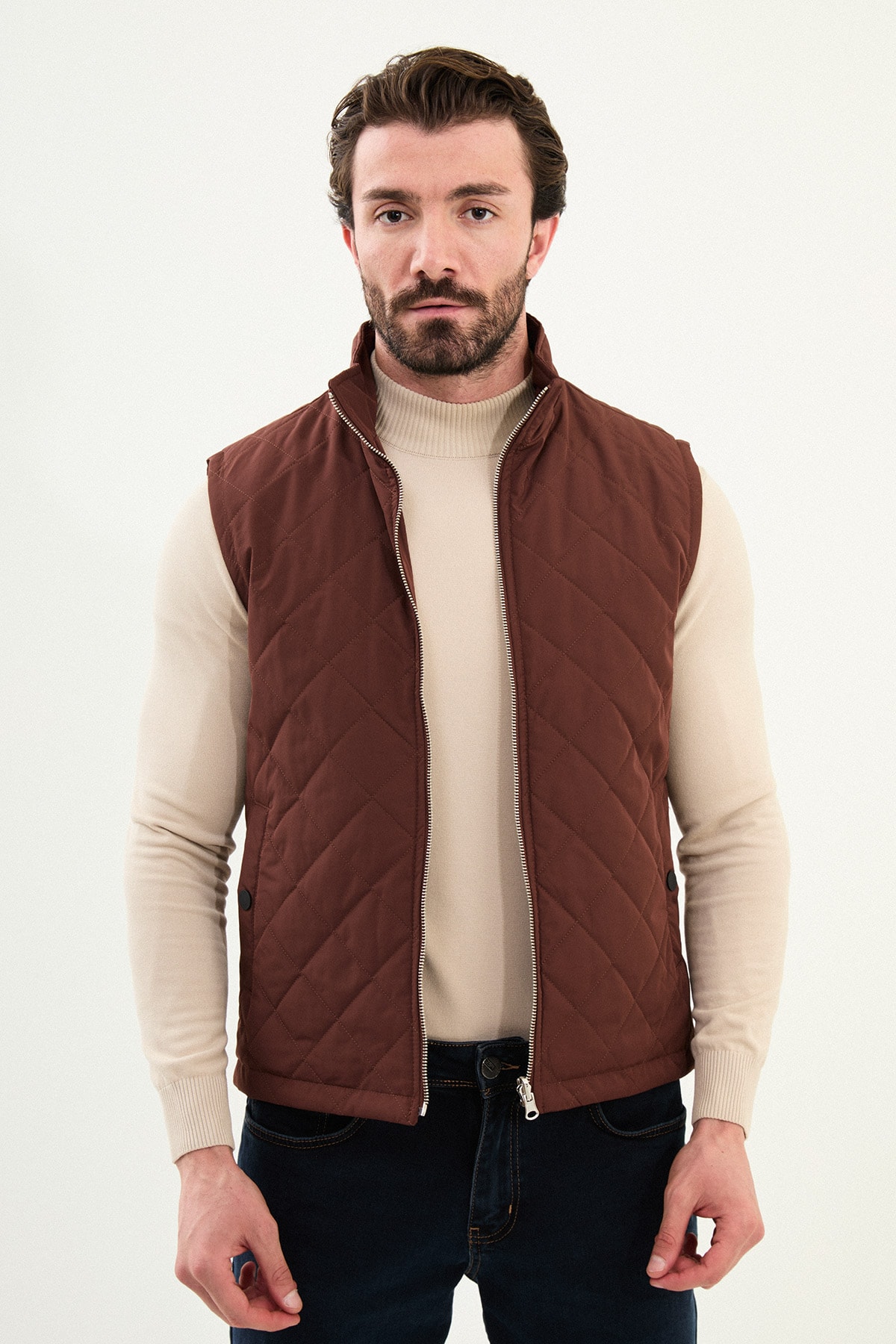 Çift Taraflı Slim Fit Hakim Yaka Erkek Yelek - Kiremit