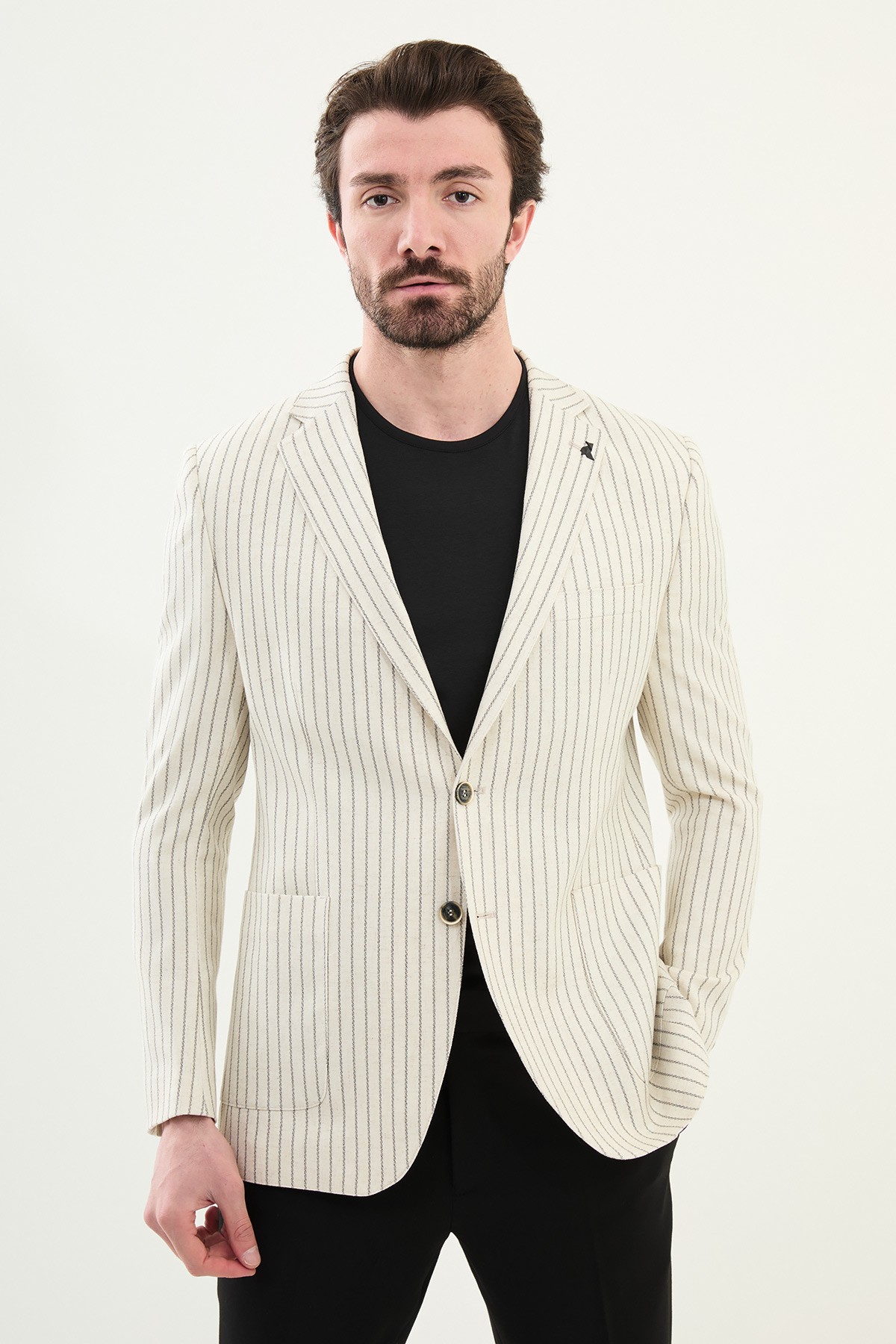 Çizgili Slim Fit Torba Cep %100 Keten Erkek Ceket
