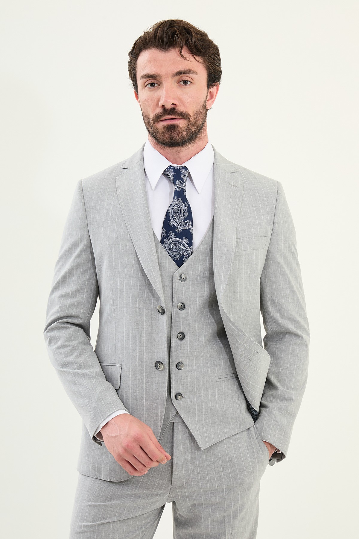 Çizgili Slim Fit Mono Yaka Yün Erkek Takım Elbise - Gri