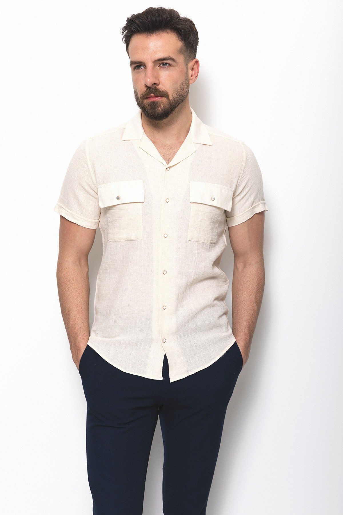 Desenli Slim Fit Kısa Kollu Apaç Yaka Erkek Gömlek
