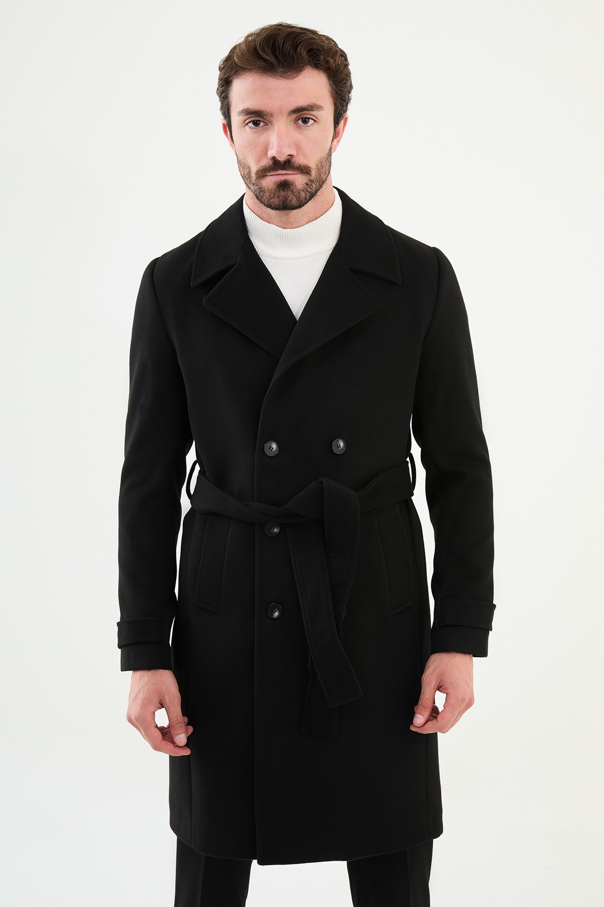 Düz Slim Fit Geniş Yaka Kuşaklı Kruvaze Kaşe Uzun Erkek Kaban