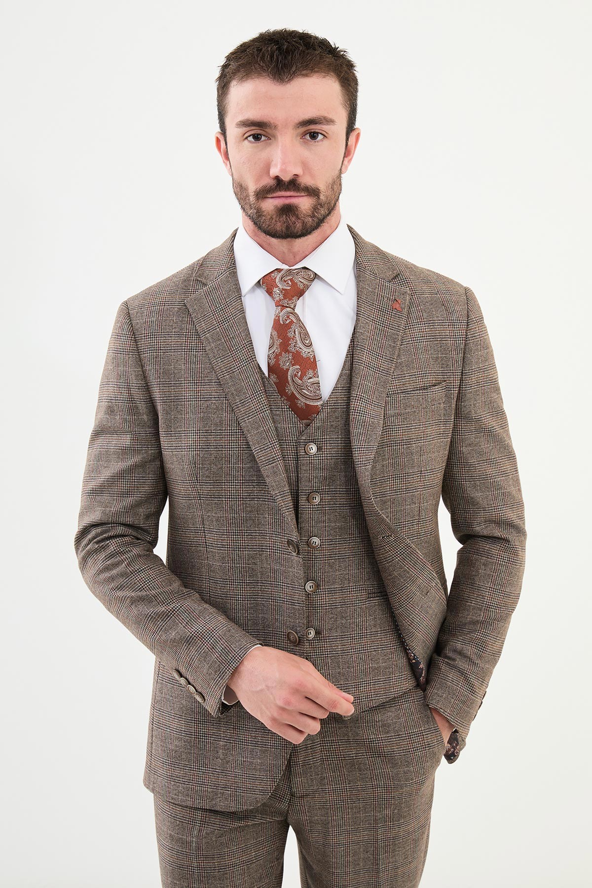 Ekoseli Slim Fit Mono Yaka Yün Erkek Takım Elbise