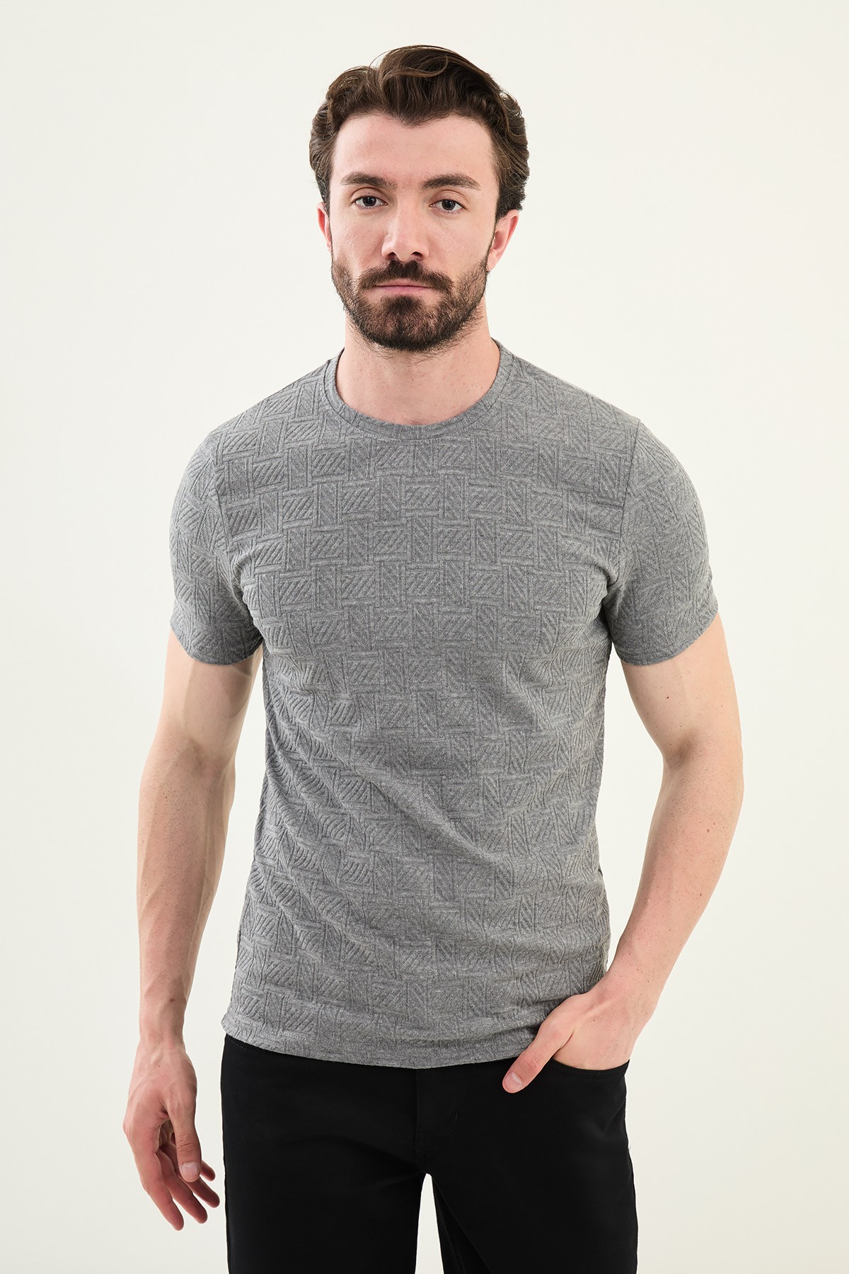 Desenli Slim Fit Bisiklet Yaka Erkek T-Shirt - Antrasit