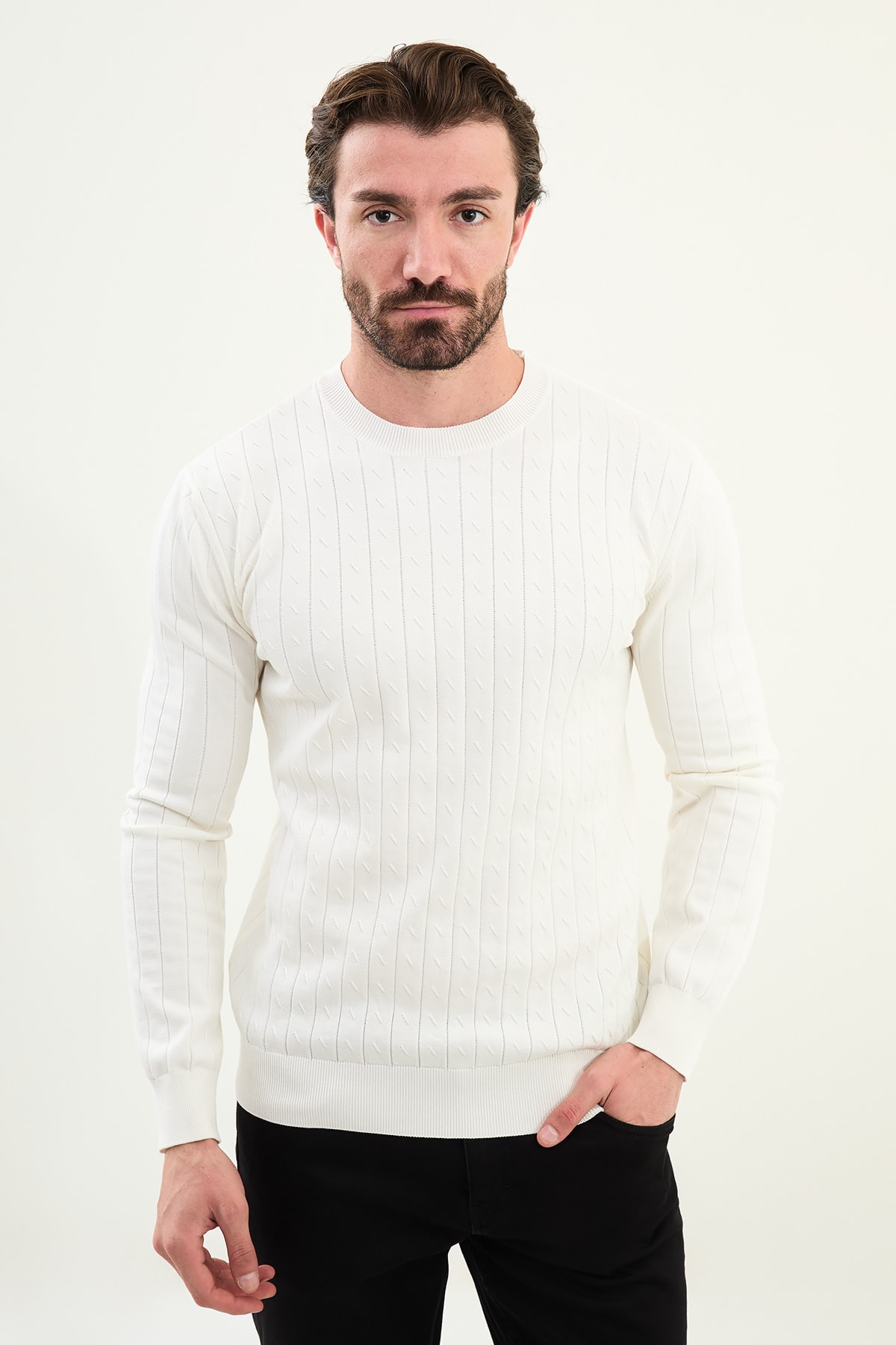 Desenli Slim Fit Bisiklet Yaka Erkek Triko Kazak - Ekru