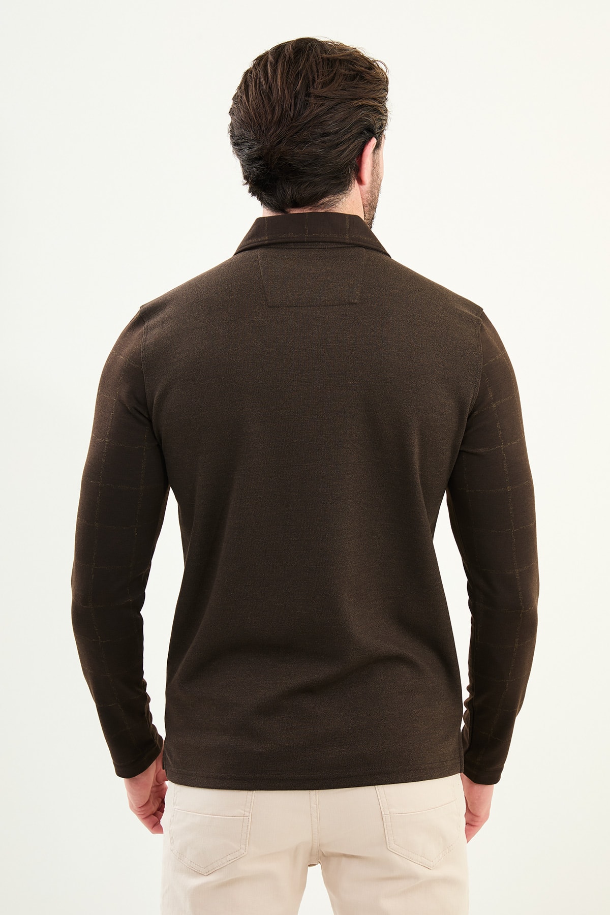 Kareli Kol Desenli Slim Fit Polo Yaka Fermuarlı Uzun Kollu Erkek T-Shirt
