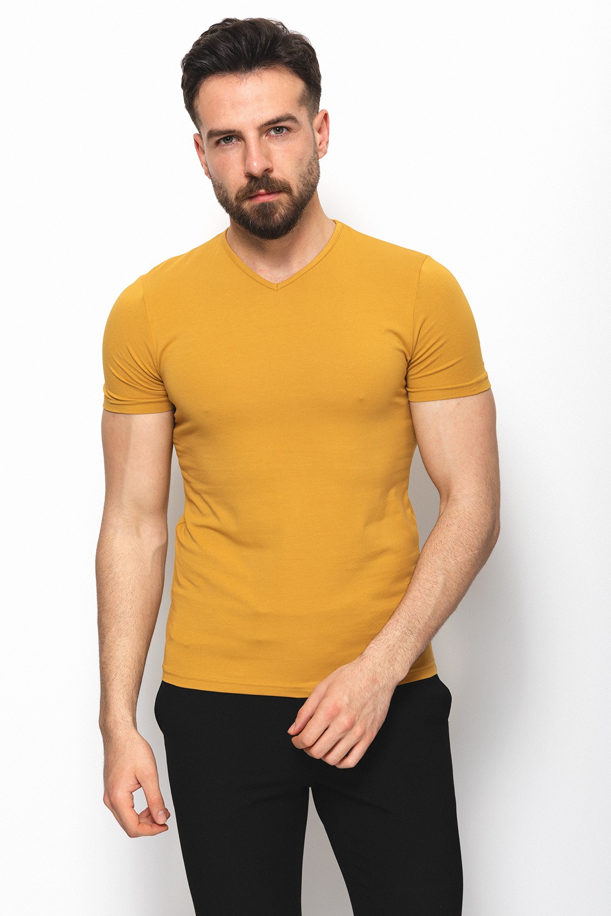 Düz Super Slim Fit V Yaka Basic Erkek T-Shirt - Hardal