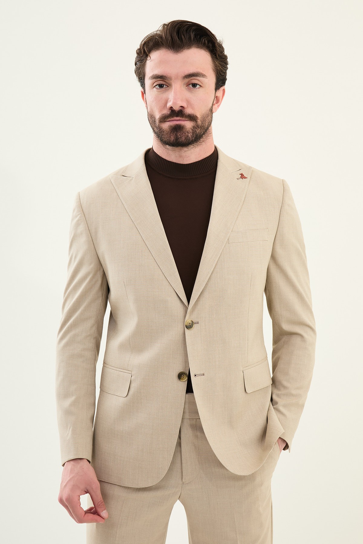 Desenli Slim Fit Geniş Yaka Erkek Takım Elbise - Vizon