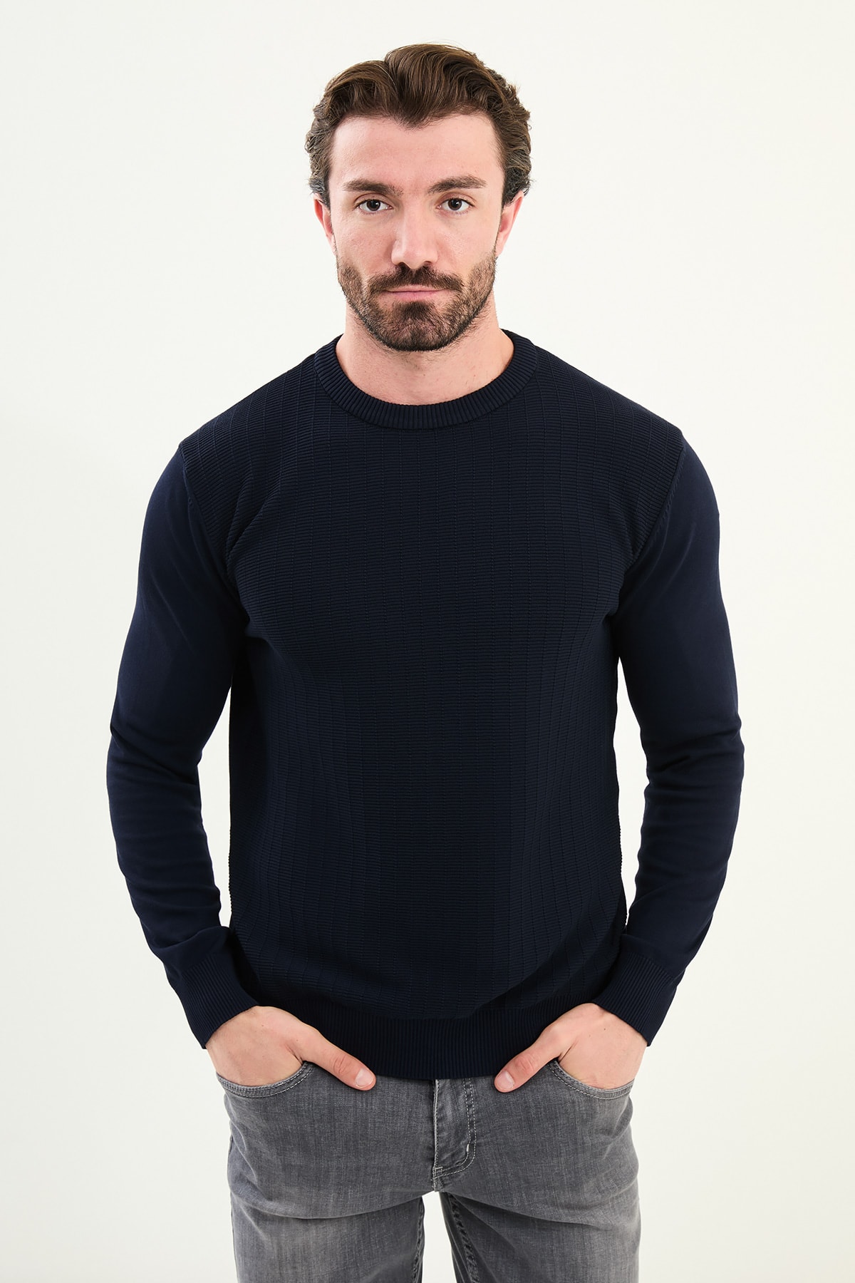 Desenli Slim Fit Bisiklet Yaka Erkek Triko Kazak - Lacivert