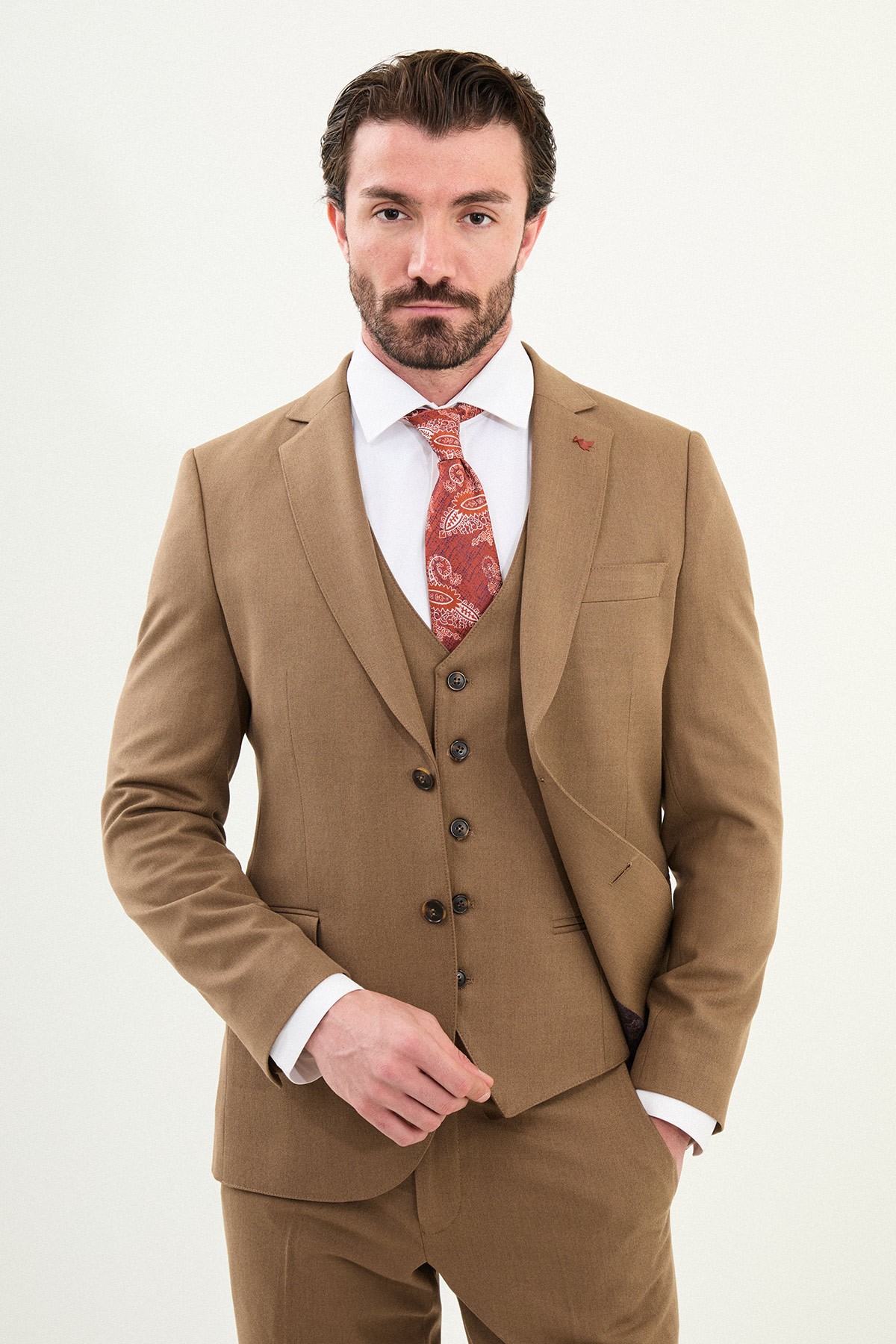 Düz Slim Fit Mono Yaka Klasik Yün Erkek Takım Elbise - Kamel