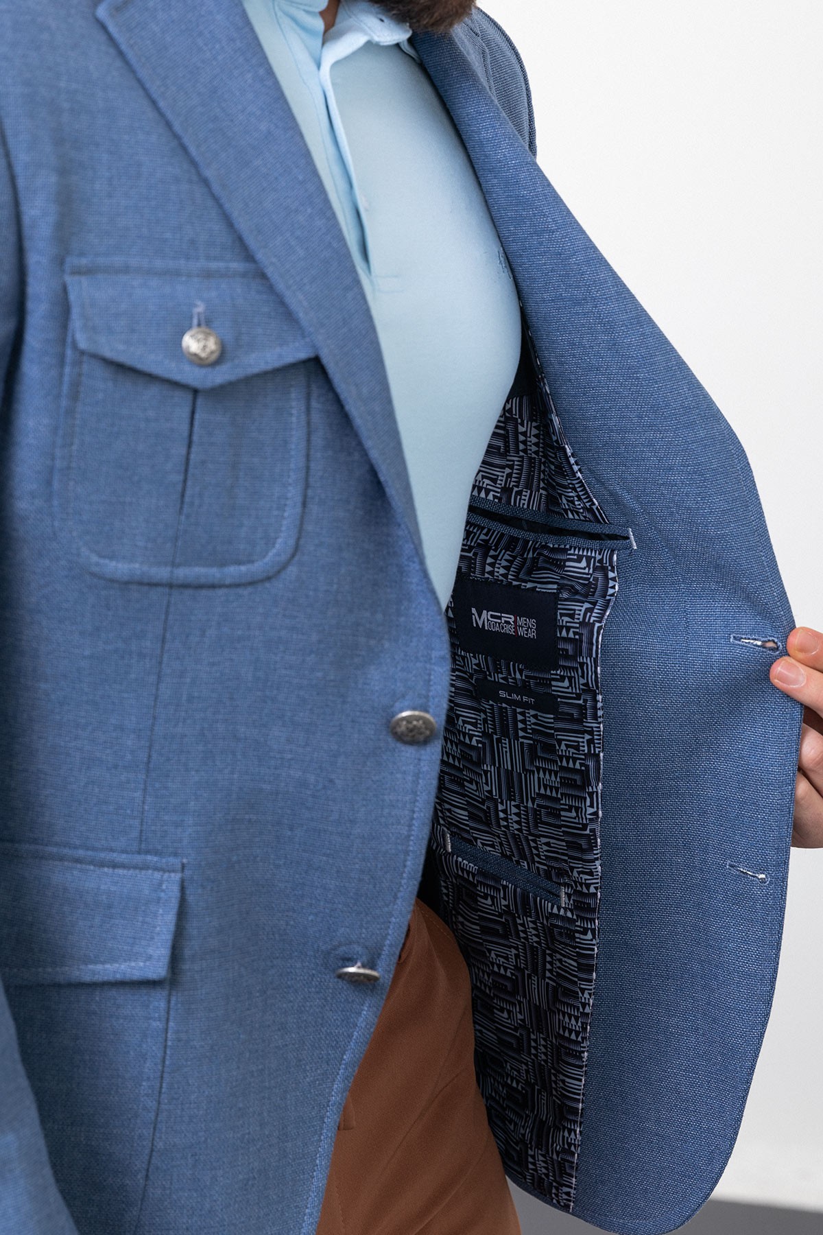 Kırçıllı Slim Fit Torba Cep Mono Yaka Keten Erkek Ceket