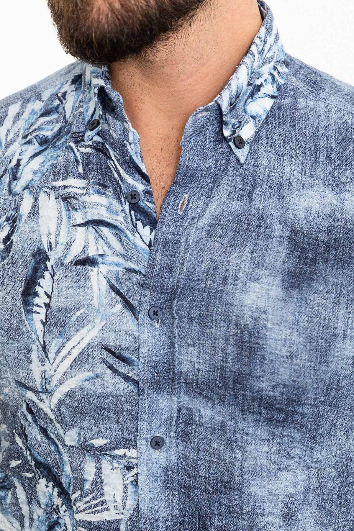 Yaprak Desenli Slim Fit Uzun Kollu Gofre Erkek Gömlek