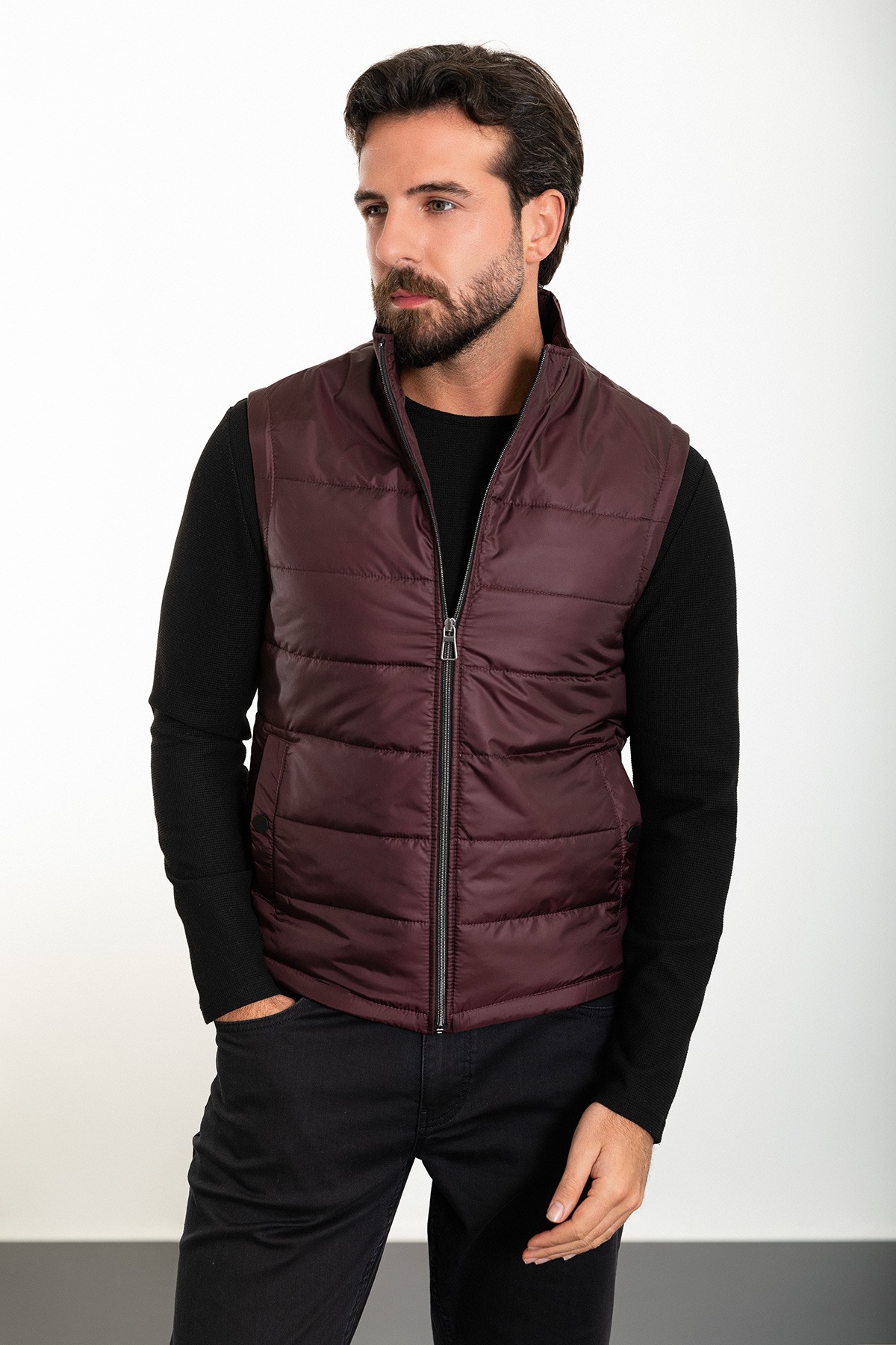 Düz Slim Fit Hakim Yaka Erkek Şişme Yelek