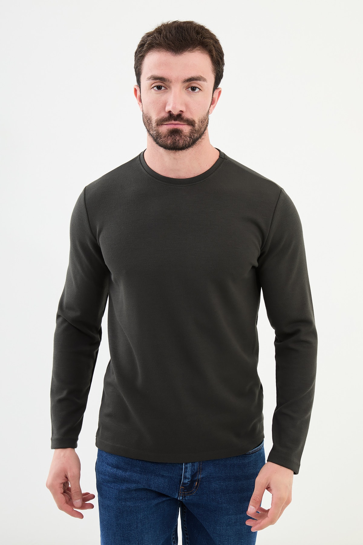 Desenli Slim Fit Bisiklet Yaka Uzun Kollu Erkek T-Shirt - Haki