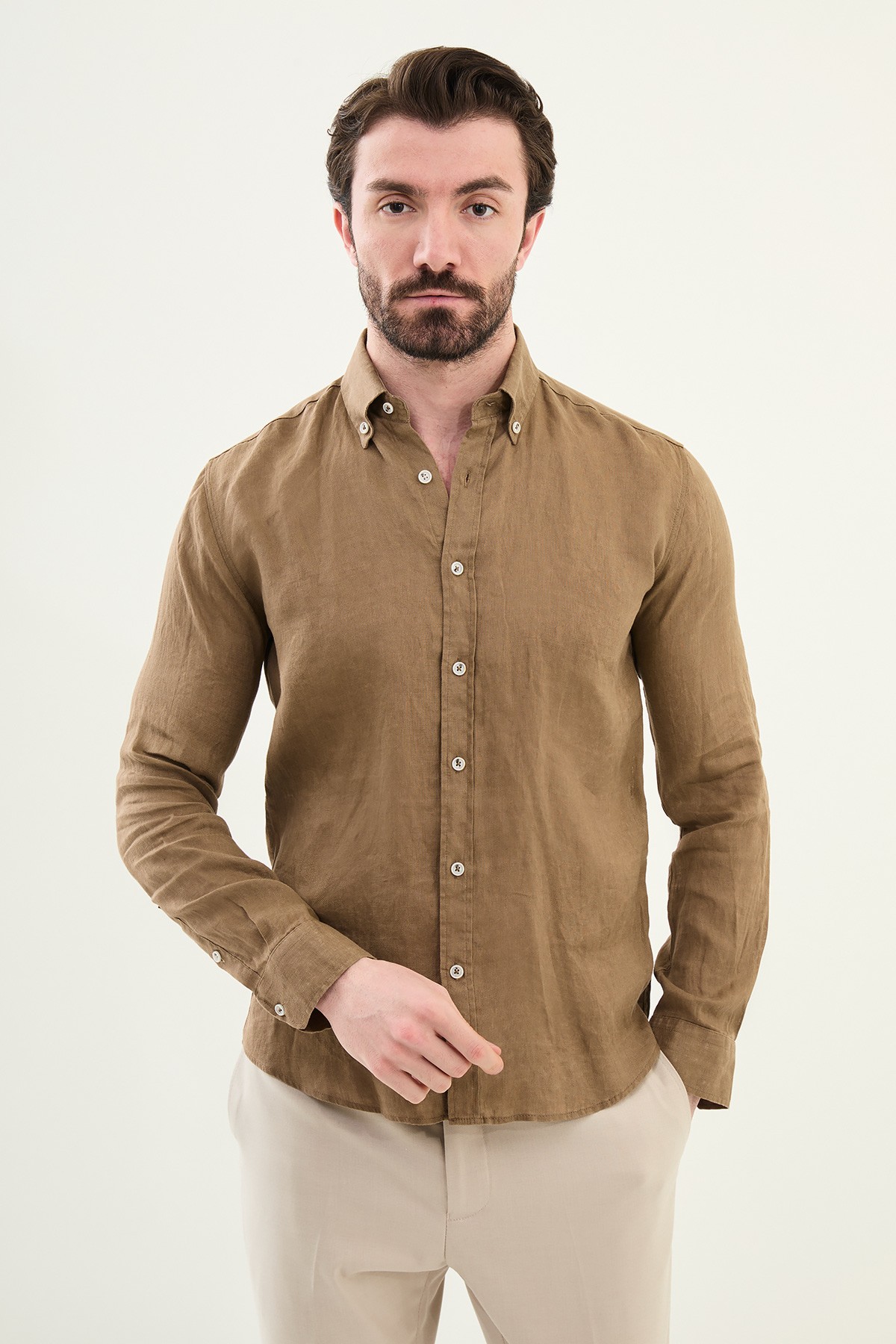 Düz Slim Fit %100 Keten Erkek Gömlek - Vizon