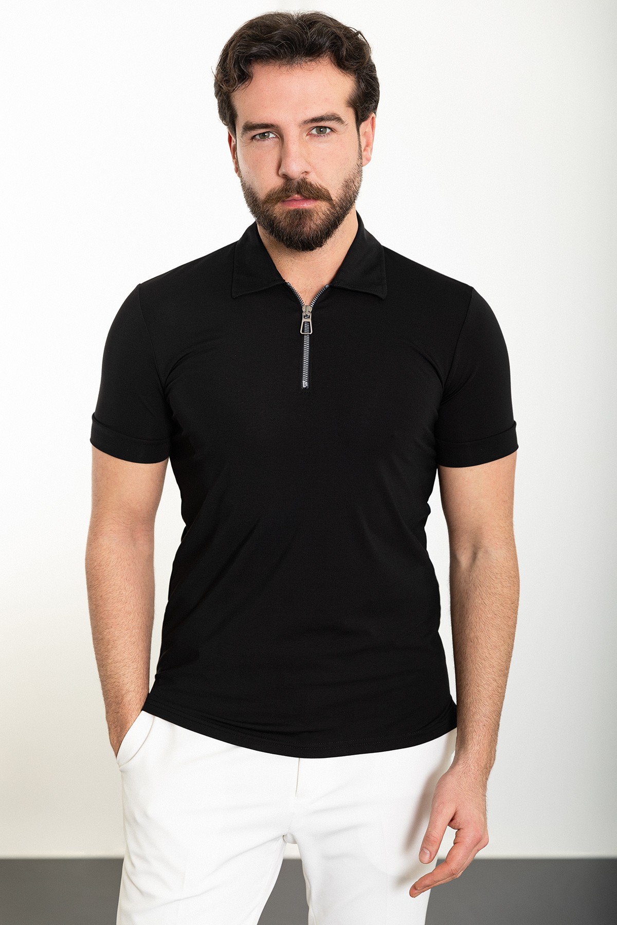 Düz Slim Fit Fermuarlı Polo Yaka Erkek T-Shirt - Siyah