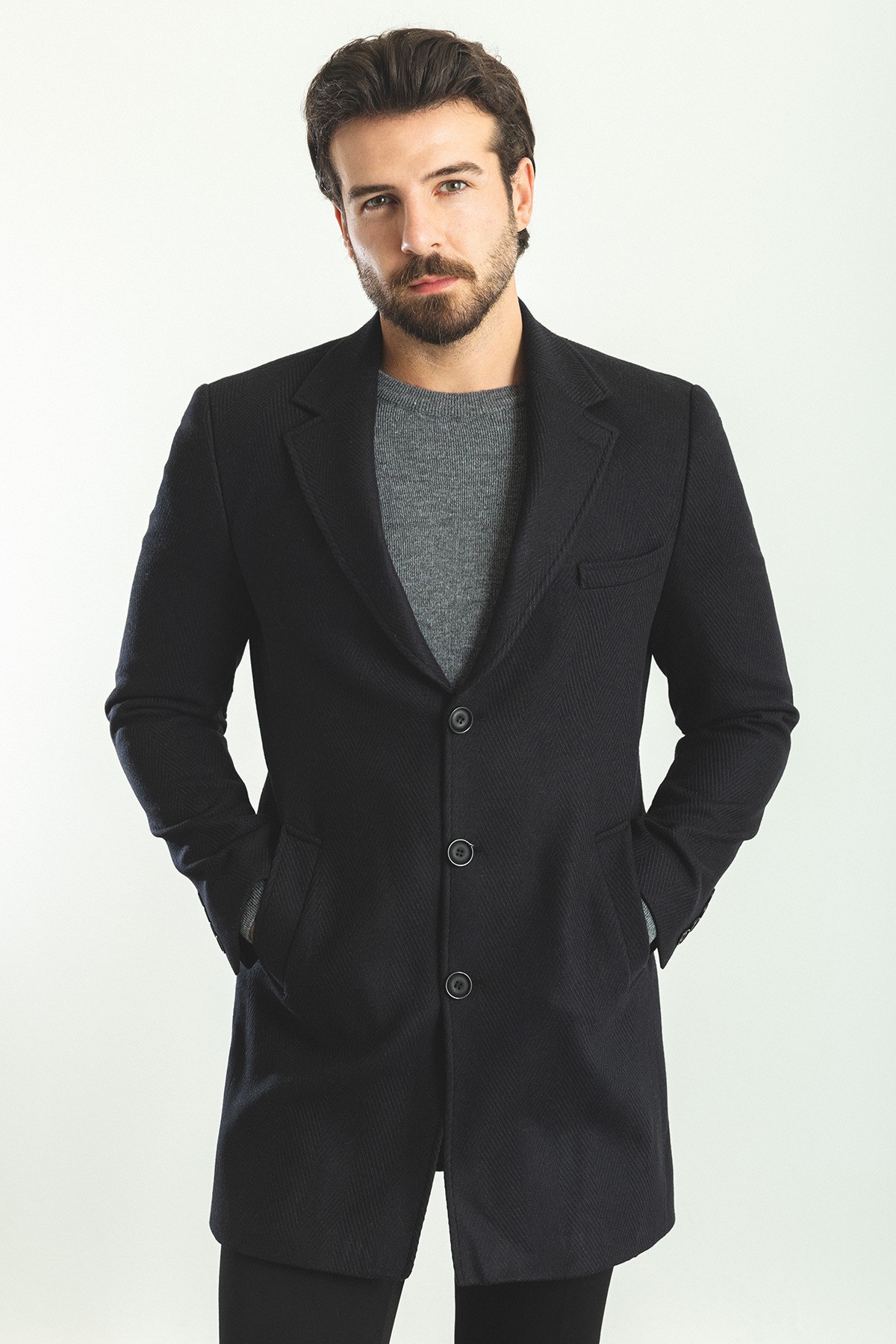 Desenli Slim Fit Mono Yaka Yün Erkek Kaban
