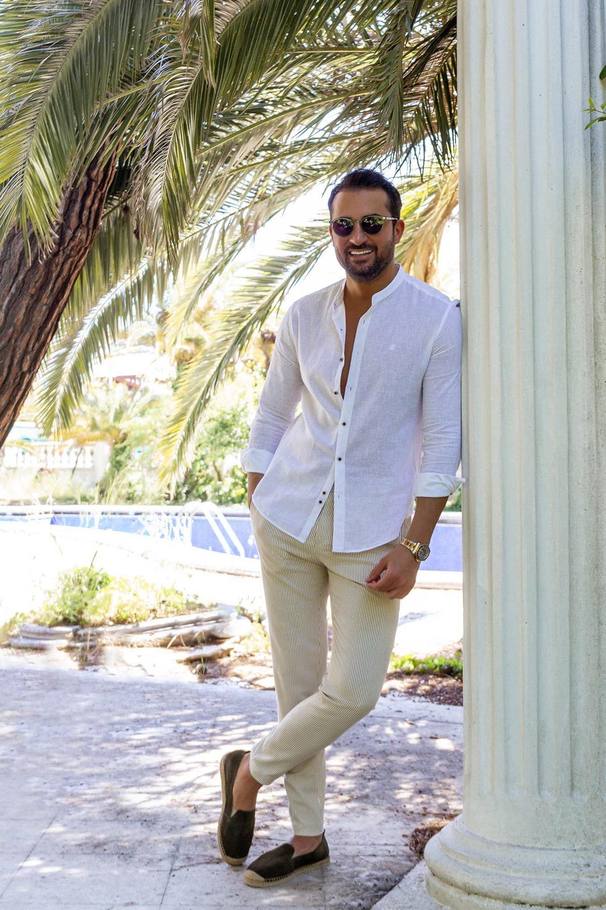 Düz Slim Fit Hakim Yaka Basic Keten Erkek Gömlek