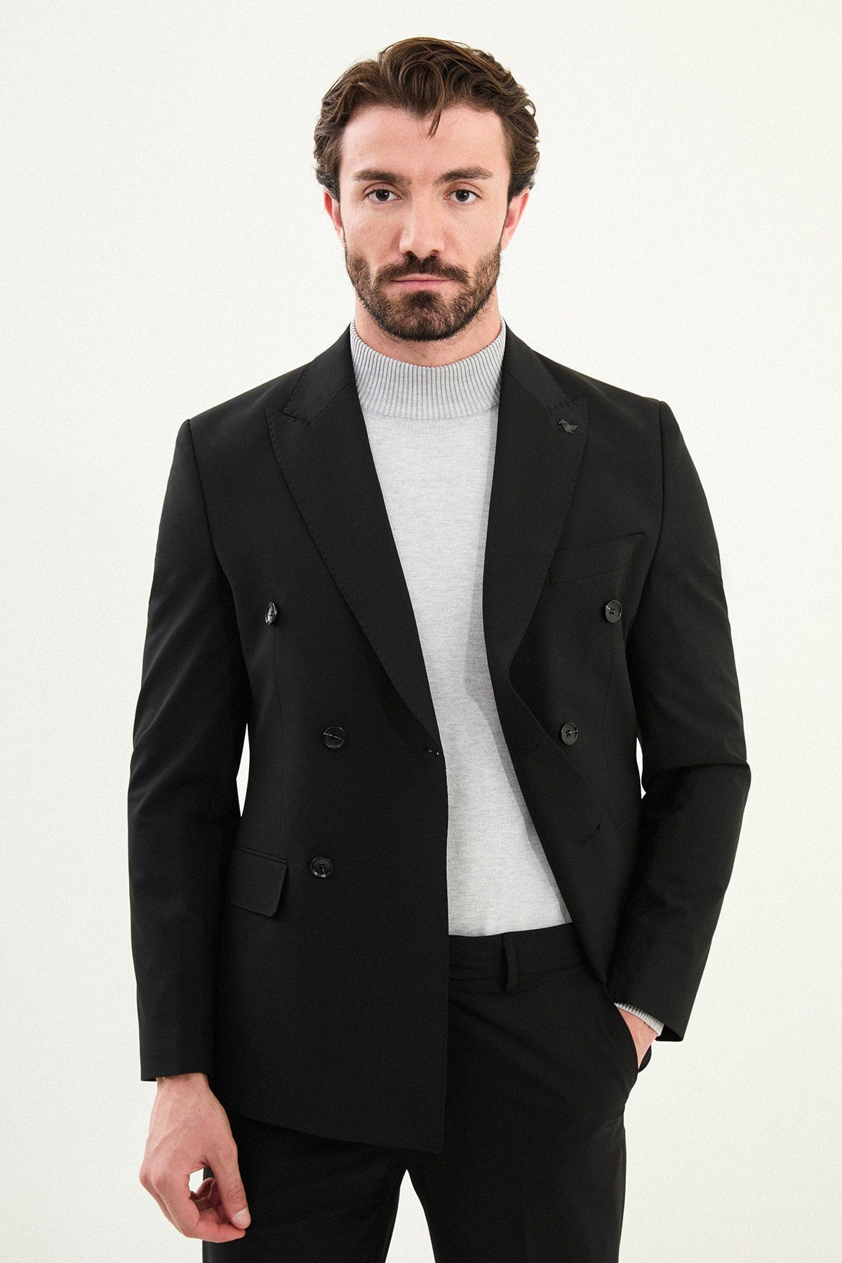 Düz Slim Fit Geniş Yaka Kruvaze Erkek Takım Elbise