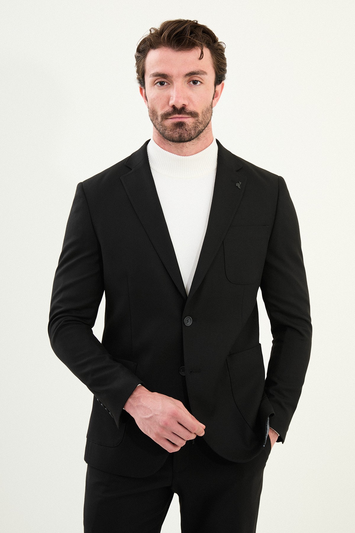 Düz Slim Fit Torba Cep Beli Lastikli İpli Yün Erkek Takım Elbise